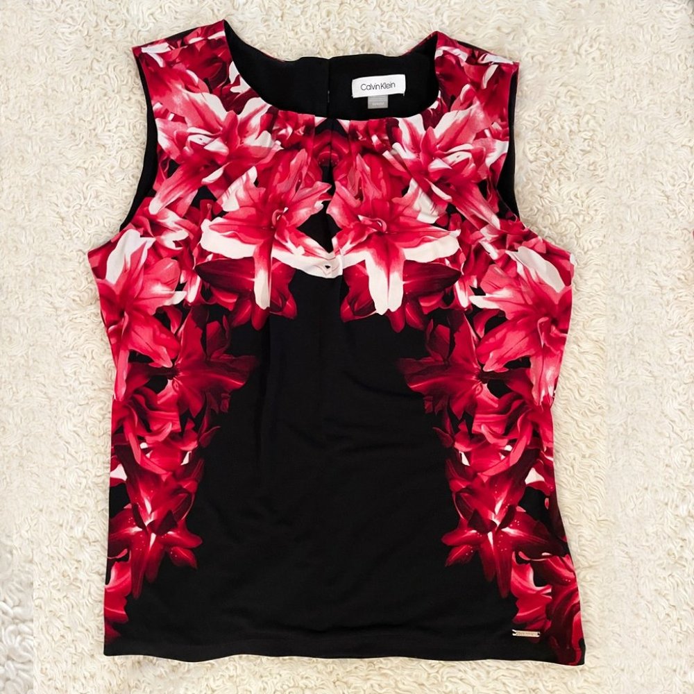 Calvin Klein Red Floral & Black Sleeveless Blouse